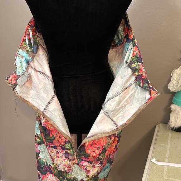 EUC ASOS Bodycon Plunge Pencil Dress Bright Smudgy Floral Strapless Women’s 14 - Picture 5 of 12